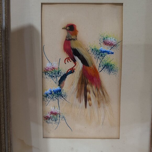 VINTAGE Art Deco Feathercraft Feather Bird Art Framed Set Of 3 - Picture 2 of 10